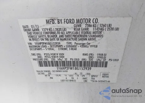 2011 Ford Taurus Limited z USA, uszkodzony, nr VIN 1FAHP2FW1BG152939